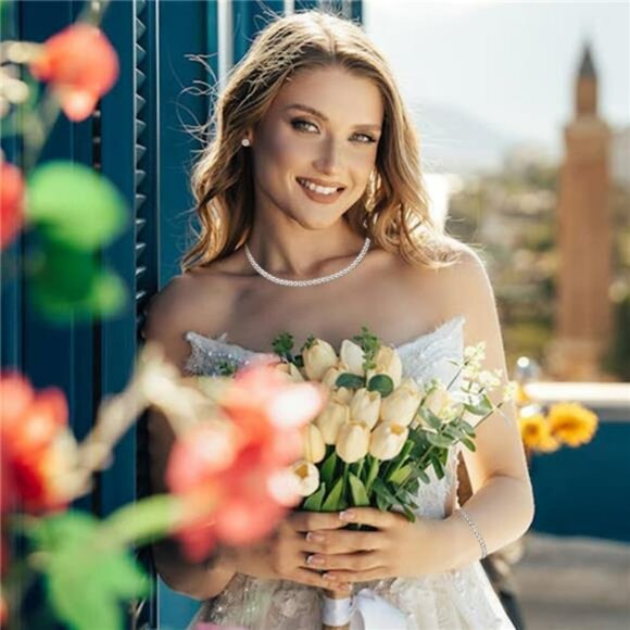 Silver Tennis Necklace Bracelet Earrings Set Wedding Jewelry Bridesmaid Prom Gif - Picture 2 of 7